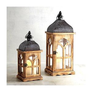 Lanterne décorative en bois faite à la main et personnalisée avec support de bougie noir pour la décoration d'événements, lanternes à poser au sol et suspendues - Product Image 1