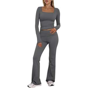 À la mode reine femmes deux pièces pour salon ensembles 2 pièces automne tenues à manches longues col carré hauts pantalons évasés survêtements vêtements - Product Image 3