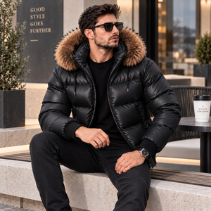 Premium Men's Breathable Summer Casual Leather Puffer <b>Jacket</b> Plaid Pattern Zipper Closure | <b>Fur</b> <b>Hood</b> | Piumino Lucido Uomo | - Product Image 1