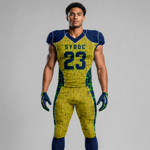Navy Gold Football Uniform Sublimated American Jersey and Pants Set Mens Textured Custom Team Integrated <b>Pad</b> Gridiron - Product Image 1