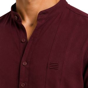 Camisa Casual de Lino y Algodón para Hombre, Color Borgoña, Cuello Mandarín, Manga Corta, Transpirable, Verano, Manga Enrollable, Bordada, OEM, Personalizada - Product Image 5