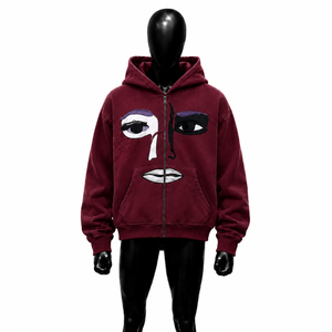 Sweat à capuche zippé unisexe bordeaux avec motif artistique, coupe oversize, style streetwear, décontracté, mode urbaine - Product Image 1