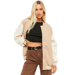 Women's Winter Varsity Bomber Jacket Two-Tone Quilted Wool Beige Body Leather Sleeves Casual Streetwear Cotton Eco-Friendly - Product Image 4