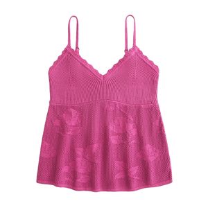 Camiseta sin mangas de punto con encaje para mujer, con tirantes finos, cuello en V, dobladillo acampanado, estilo casual de verano - Product Image 1
