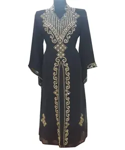 伊斯兰女装迪拜风格手工刺绣手工黑色串珠巴亚晚礼服时尚穿着