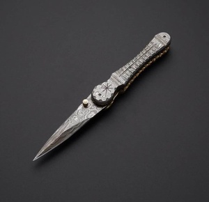 Couteau utilitaire pliant en acier Damas SHARP POINT TRADES, lame droite de 0,5 mm d'épaisseur, ouverture par bouton rotatif, manche en bois - Product Image 2