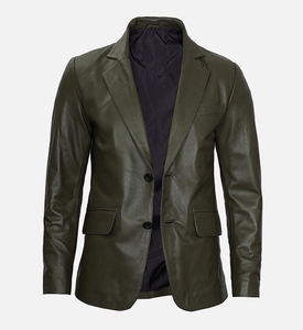Blazer en cuir vert olive pour homme, coupe ajustée, col rabattu, simple boutonnage, style décontracté chic, idéal pour l'automne - Product Image 1