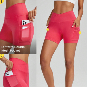Shorts de sport taille haute pour femme avec poches, séchage rapide, tricoté, taille élastique, couleur unie rose - Product Image 5