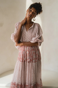 Robe longue ample à fleurs pour femme, manches longues, col noué, style bohème, robe décontractée en coton imprimé - Product Image 5