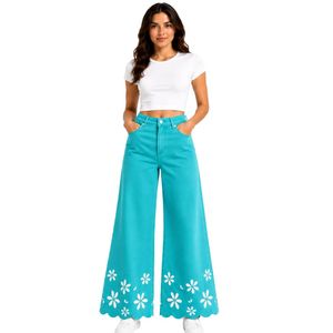 Pantalones Anchos de Mezclilla con Bordado Floral Turquesa para Mujer, Cintura Alta, Algodón, Estilo Palazzo, Personalizados, OEM, Marca Privada, Moda Casual - Product Image 1