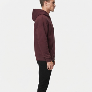 Factory Direct Sale Men's <b>Burgundy</b> Zip-Up <b>Hoodie</b> With Front Logo Print Casual Fleece Sweatshirt Regular Fit Autumn Wear - Product Image 2