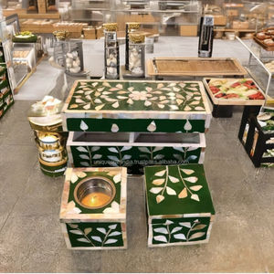 Green floral mother of pearl inlay storage box incense holder tray set handmade luxury home decor - Product Image 1