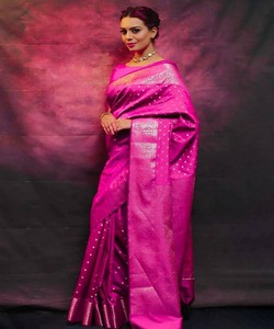 Sari de Seda Rosa, Estilo Banarasi, con Patrón en el Borde, Vestido Largo para Mujer, Traje Tradicional Indio para Bodas - Product Image 2