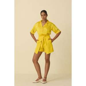 Ensemble coordonné jaune uni pour femmes, chemise et short, tenue décontractée d'été, ensemble deux pièces - Product Image 2