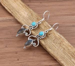 Boucles d'oreilles pendantes artisanales en argent sterling avec labradorite et turquoise naturelles, bijoux de luxe bohèmes pour femmes, cadeau de fête - Product Image 6