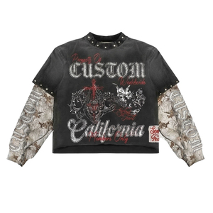 Custom California <b>Skull</b> Print Long Sleeve T-<b>Shirt</b> <b>Men</b> Oversized Crop Fit Punk Style O-Neck Cotton Woven - Product Image 1