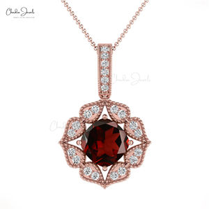 Pendentif Art Déco authentique en grenat du Mozambique 6 mm taille coussin avec halo de diamants, en or fin 14 carats, fournisseur en gros de qualité supérieure - Product Image 3