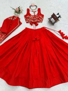 Conjunto de lehenga choli y koti de seda chinnon de diseño, con elegante bordado de hilo y lentejuelas, para uso festivo. - Product Image 4