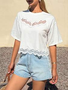 Summer Casual <b>White</b> Hollow Out Lace Patchwork Cropped T-Shirt Oversized Cotton <b>Tee</b> Short Sleeve Round Neck Tops Women's Shirts - Product Image 5