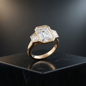 Anillo de compromiso de oro amarillo de 10k, 14k, 18k con tres piedras, engaste de bisel, diamante de corte esmeralda de 5 ct y diamante de laboratorio de corte trapezoidal lateral. - Product Image 4