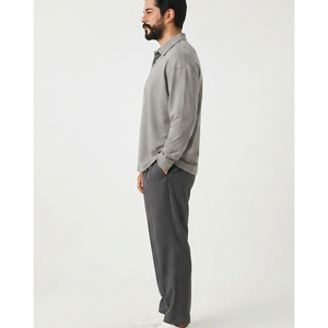 Polo à manches longues pour homme, gris uni, 100% coton piqué, tricoté, décontracté, respirant, coupe classique, boutons, polos pour homme - Product Image 3
