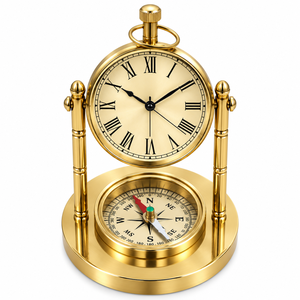 Horloge de bureau nautique vintage en laiton avec boussole, horloge de table maritime antique, cadran à chiffres romains, décoration de navigation maritime - Product Image 1