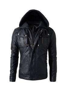 <b>Mens</b> Hooded Black <b>Biker</b> Leather <b>Jacket</b> - Product Image 1