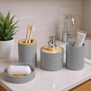 ชุดอุปกรณ์ห้องน้ำ 4 ชิ้น ที่วางแปรงสีฟัน ที่จ่ายสบู่ แก้วบ้วนปาก และที่วางสบู่ สำหรับบ้าน ห้องครัว และของใช้จำเป็นในห้องน้ำ - Product Image 1
