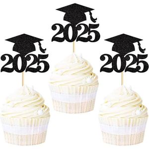 Confezione da 36 Topper per Cupcake a Forma di Cappello di Laurea 2025 con Glitter Nero, Decorazioni per Feste 2025 - Product Image 1