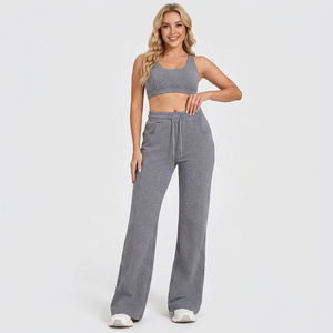 Pantalones de Mujer de Cintura Alta y Pierna Ancha, Color Sólido, Tejido de Algodón y Spandex, con Cordón Ajustable, Corte Holgado, Largos, Color Gris, Bangladesh - Product Image 5