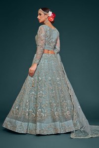 Elegant Zari Embroidered <b>Net</b> Lehenga Choli Sheer Long Sleeve Party Dress With Dupatta for Women - Product Image 3