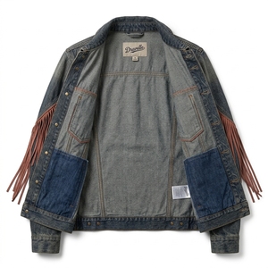 Custom Vintage Blue Denim <b>Jacket</b> Brown Suede <b>Fringe</b> Western Contrast Yoke OEM ODM Manufacturer Retro Distressed Coat - Product Image 5