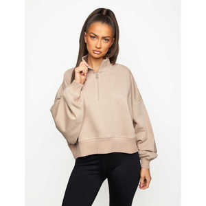 Women's Beige <b>Stand</b> Collar Cropped Sweatshirt Regular Sleeve Knitted Casual Solid Color Autumn Wear - Product Image 2