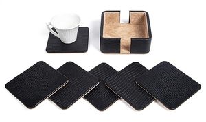 Luxury <b>Black</b> Faux Leather Coaster Set with Holder Elegant Drink Coasters for <b>Coffee</b> <b>Table</b> Dining Room Office Decor - Product Image 3