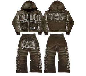 Conjunto de Sudadera y Pantalones Deportivos Vintage Desgastados Personalizados de la Marca TAHAD, con Cierre de Cremallera y Pedrería, Estilo Oversize para Hombre - Product Image 2