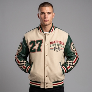 <b>Men</b> <b>Cream</b> Letterman <b>Jacket</b> Green Leather Sleeves Racing Car Graphic Embroidered Design Snap Front Ribbed Streetwear - Product Image 2