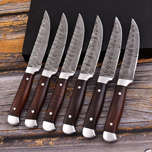 Juego de 6 cuchillos para carne de acero de Damasco con mango de madera, hoja dentada, cuchillería de cocina, caja de regalo incluida - Product Image 2