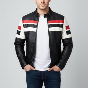 Veste en cuir classique pour homme, style motard, en cuir de vache véritable, fermeture éclair métallique, logo sur le devant, écologique, imperméable - Product Image 1