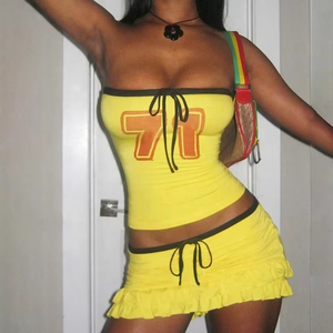 2024 Summer New Arrival Women's Customized Logo Two-Piece Set Short Tops and <b>Mini</b> Skirt with Drawstring Strap Sleeveless Bra - Product Image 3