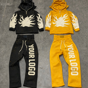 Ensemble de survêtement pour enfants avec strass noir et or, motif flamme, 2 pièces, sweat à capuche et pantalon de jogging, tenue streetwear personnalisée pour garçons et filles - Product Image 1