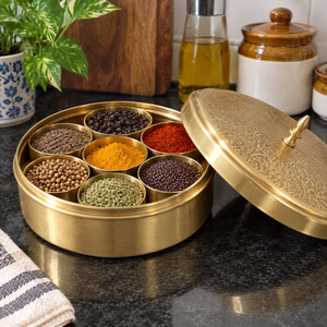 Brass High Quality Masala Dabba Spice Box with Hammered Design Lid Eco-Friendly Dishwasher Safe <b>Oven</b> Safe Seven Compartments - Product Image 2