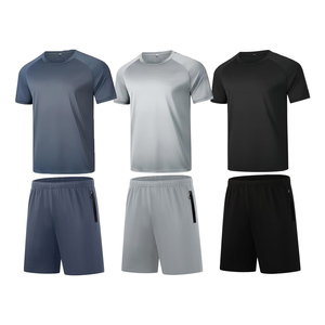 Ensemble de shorts de sport décontractés pour hommes, été, gris clair, t-shirt à col rond, tricoté, 100% coton, respirant, couleur unie, manches courtes - Product Image 6