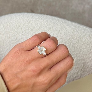 3.5 Carat Emerald Cut Three <b>Stone</b> Lab Grown Diamond Engagement Ring _ Half Bezel Side Pear Shapes _ 14k Gold Anniversary Ring - Product Image 1