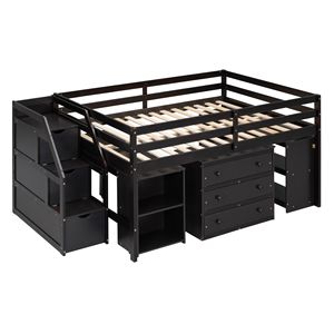 Letto a soppalco in legno Espresso con scrivania estraibile a tutta altezza e 3 cassetti, letto per bambini con scale contenitore e scaffali - Product Image 5