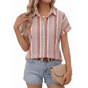 Best-Selling Knitted Women Striped Blouse Turn-Down Collar <b>Short</b> <b>Sleeve</b> <b>Button</b>-<b>Up</b> Shirt Casual Summer Top 100% Cotton - Product Image 3