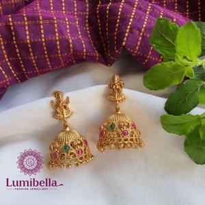 Matha Laxmi Gold Plated Brass Drop Earrings with Zircon and Pearl-Religious Ethnic Geometric Jhumkas for Party - Product Image 1
