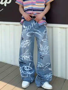 Jeans graffiti tendance pour hommes et femmes, style streetwear américain, amples et cool, pantalons en denim à jambes larges uniques, marque privée - Product Image 6