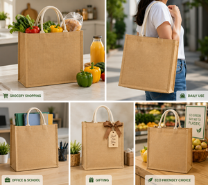 กระเป๋าช้อปปิ้งผ้ากระสอบขนาดใหญ่ หูหิ้วเชือก สีธรรมชาติ - Product Image 5