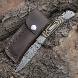 Back Lock 9" Handmade Damascus Steel Pocket <b>Knife</b> Pakka Wood Handle <b>Folding</b> <b>Knife</b> with leather Sheath - Product Image 1