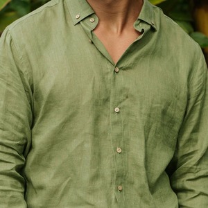 Chemise décontractée pour homme en coton et lin respirant de haute qualité, col en V, coupe ample, manches longues, été - Product Image 6